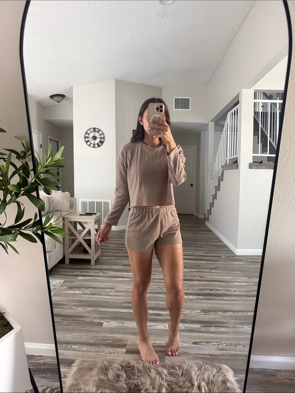 SHEIN Taupe Ribbed Long Sleeve Top & Shorts Lounge Set